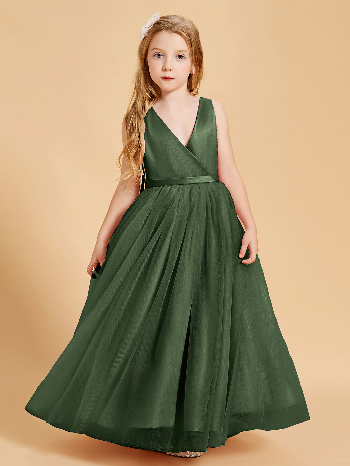 Tulle Junior Bridesmaid Dresses Satin Top Olive Green